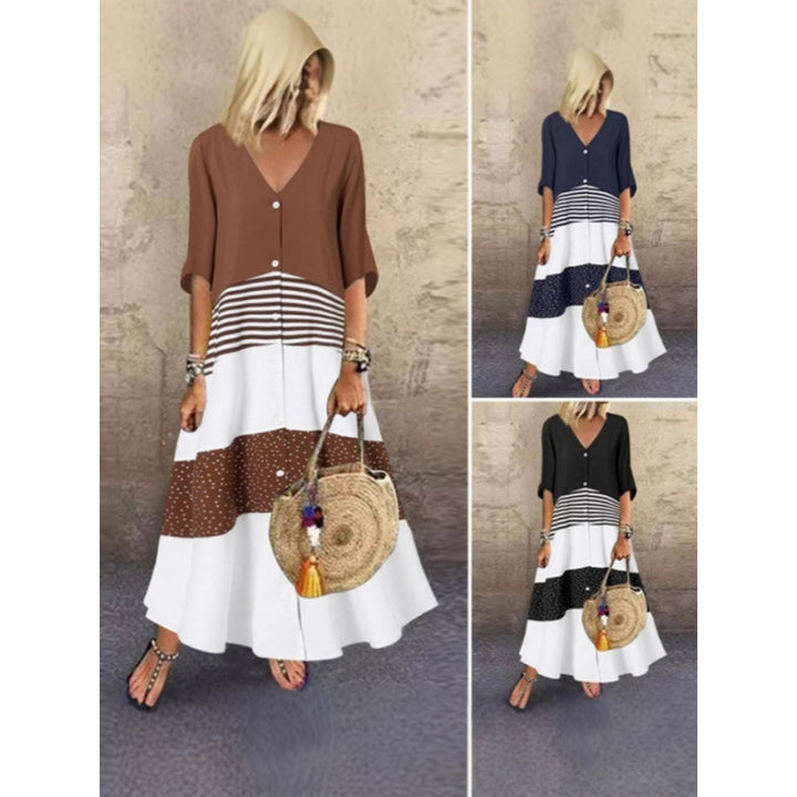 Damen Maxikleid mit Knopfverschluss und dekorativen Mustern Drune