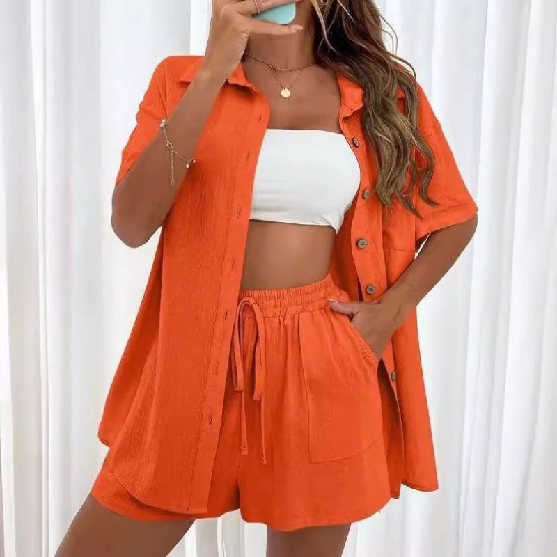 Damen luftiges Zweiteiliges Set mit Hemdbluse und Shorts Drune