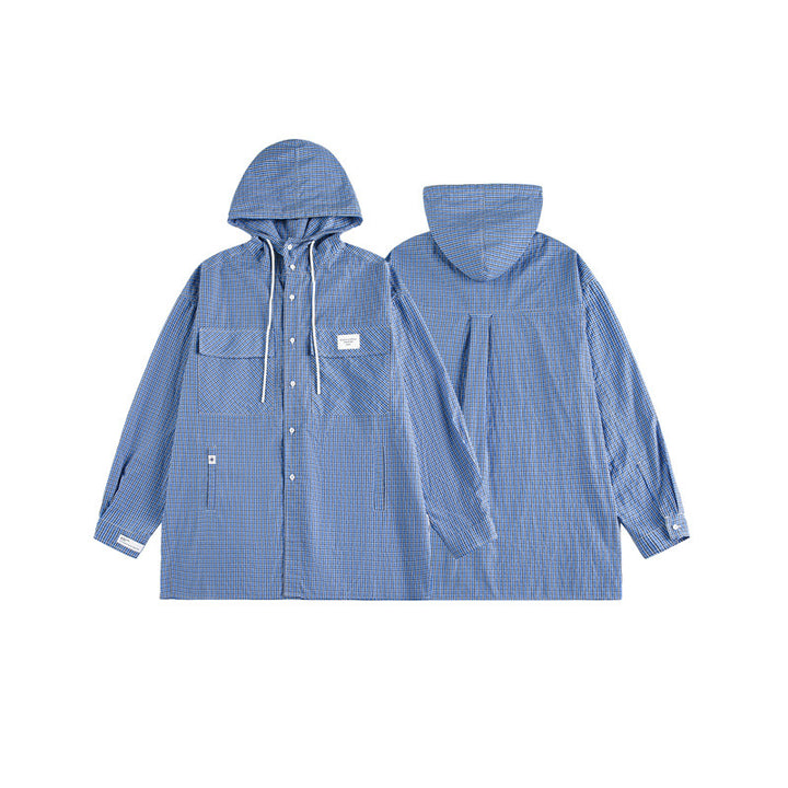 Unisex Kapuzen-Overshirt im karierten Longline-Schnitt mit Pattentaschen und Druckknopfleiste Drune