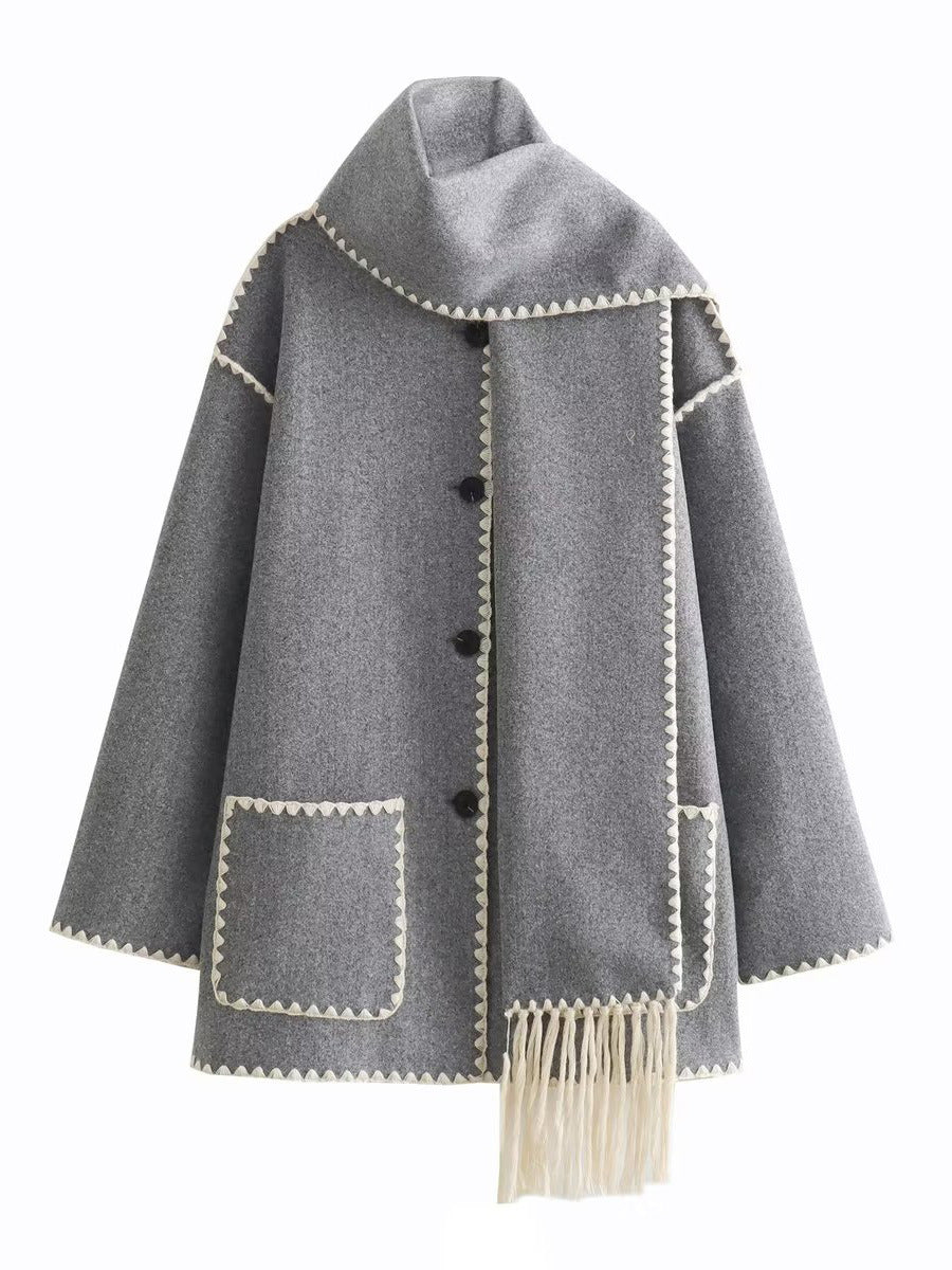 Damen Cape-Mantel mit angesetztem Fransen-Schal und Zier-Zickzacknaht Drune