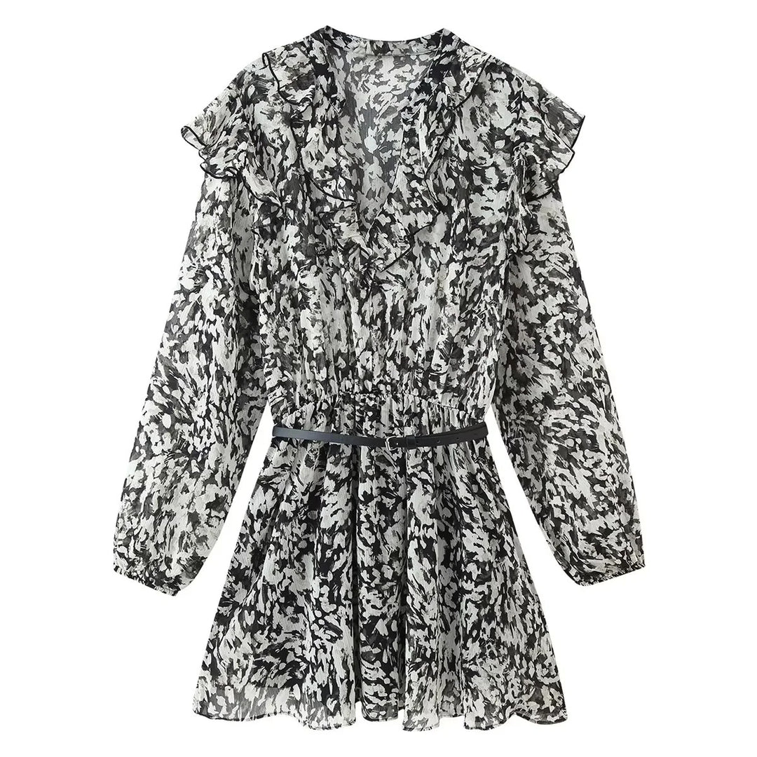 Damen nan geblümtes Volant-Chiffon-Minikleid mit Rüschen-V-Ausschnitt elastischer Taillenpartie und zartem Gürtel Drune