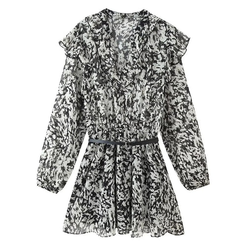 Damen nan geblümtes Volant-Chiffon-Minikleid mit Rüschen-V-Ausschnitt elastischer Taillenpartie und zartem Gürtel Drune