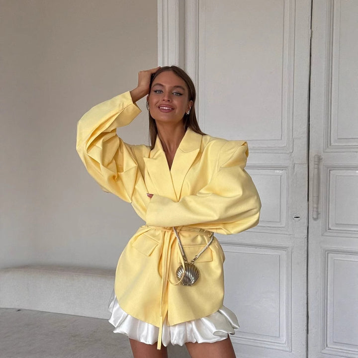 Damen Oversized Blazerjacke mit Taillengürtel und Ballonärmeln Drune