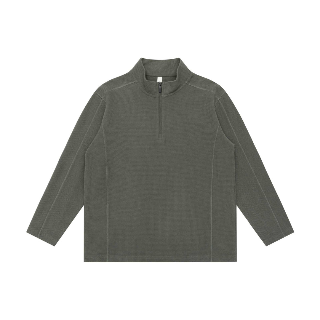 Unisex Waffelstruktur-Halbzippullover mit Troyerkragen und Relaxed‑Fit Drune