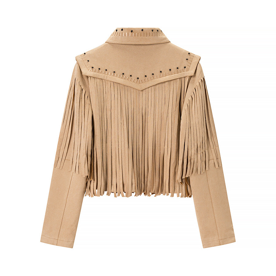 Damen Fransenlederjacke mit dekorativen Nieten Drune