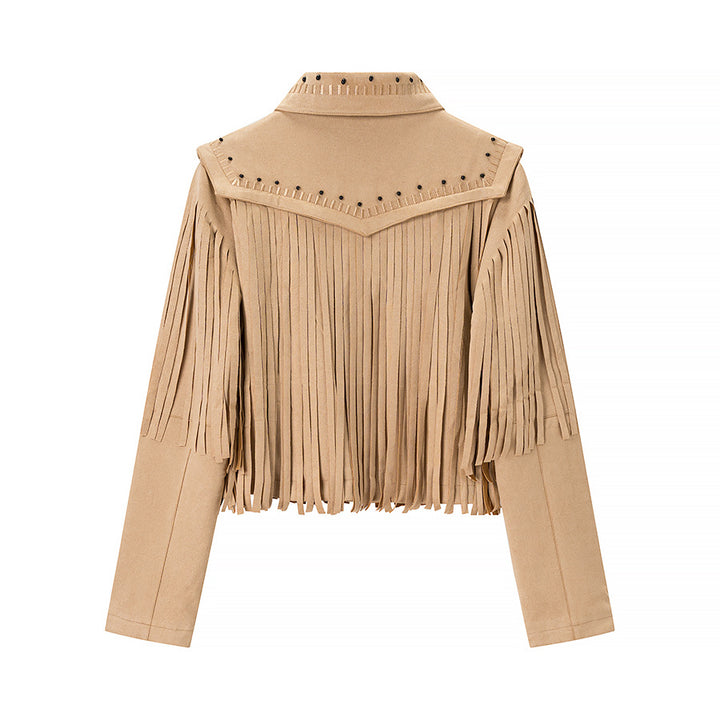 Damen Fransenlederjacke mit dekorativen Nieten Drune