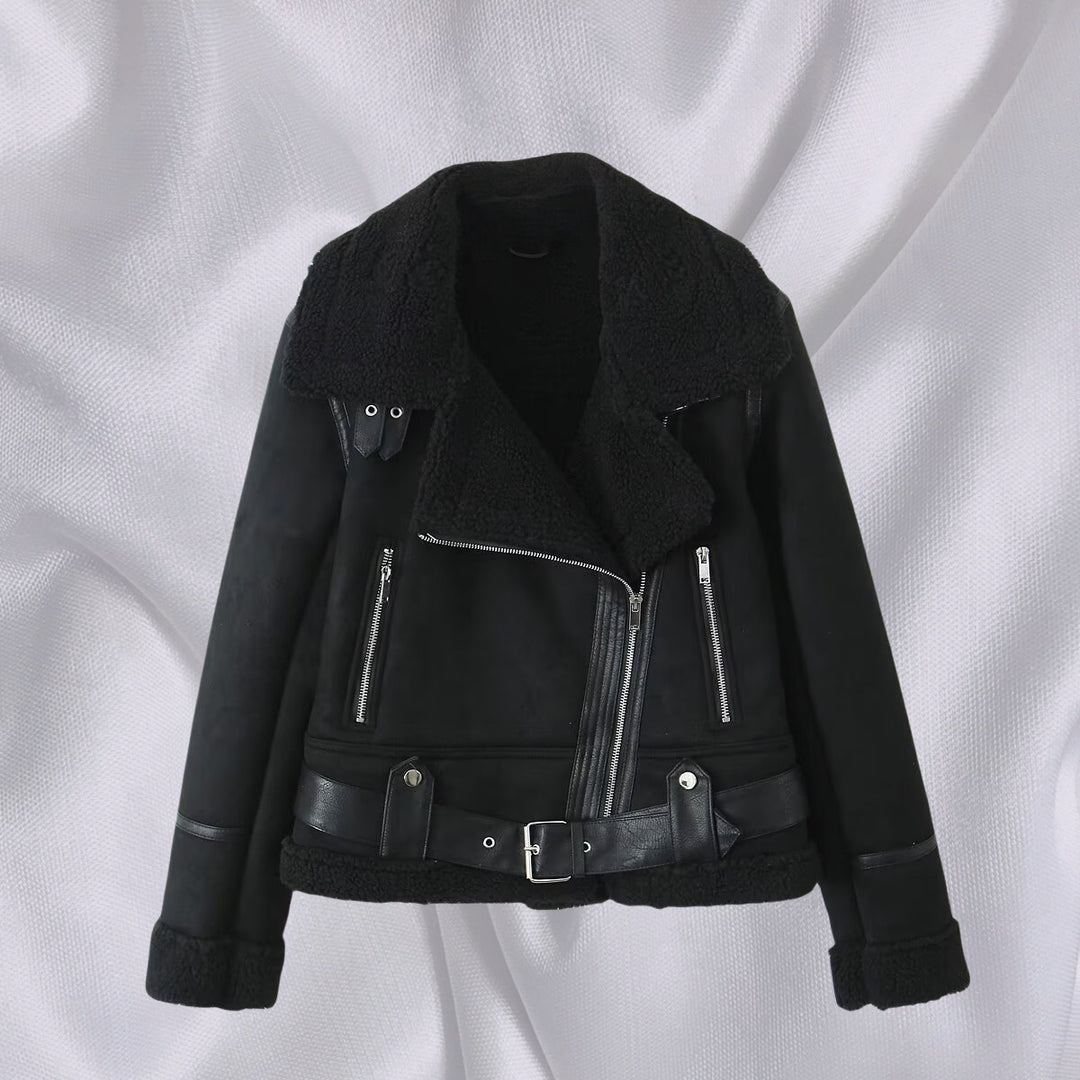 Damen Kurz geschnittene Lammfellimitat-Bikerjacke mit asymmetrischem Reißverschluss, Gürtel und Teddyfutter Drune