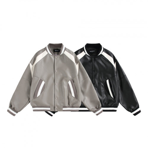 Unisex Boxy Oversize Kunstleder‑Bomberjacke mit Kontrastpaneelen und Rippenbündchen Drune