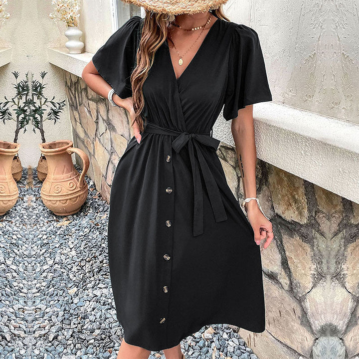 Damen Midi-Kleid mit eleganter Wickeloptik und praktischen Knopfdetails Drune