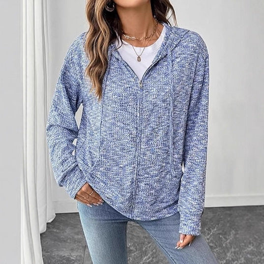Damen Leichter Strick-Kapuzencardigan mit durchgehendem Reißverschluss und Eingrifftaschen Drune