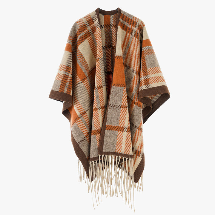 Damen Oversize-Wollmix-Poncho mit Karomuster und Fransensaum Drune