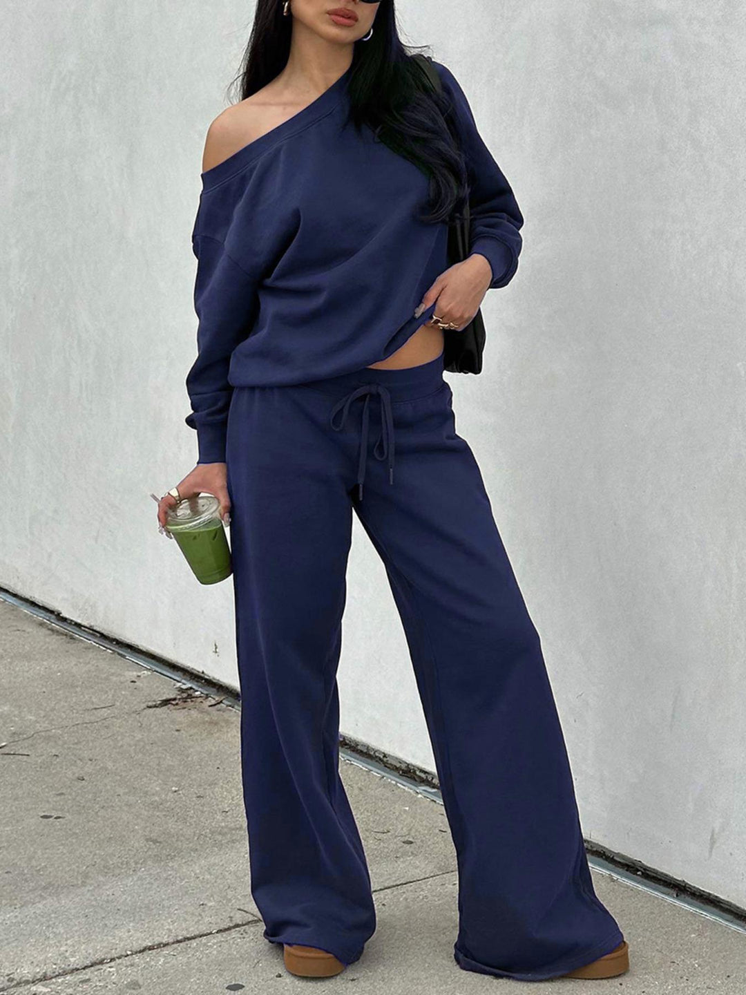 Damen Lässiges Off-Shoulder Lounge-Set aus French-Terry mit weitem Bein und Kordelzug Drune