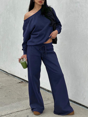 Damen Lässiges Off-Shoulder Lounge-Set aus French-Terry mit weitem Bein und Kordelzug Drune