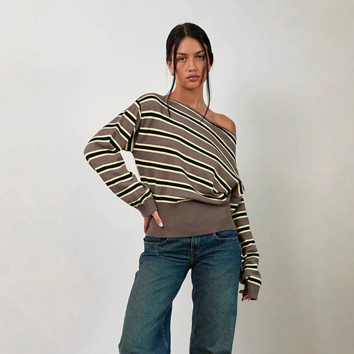 Damen Feinstrick-Boatneck-Pullover mit asymmetrischem Schulterfall, breitem Rippbund und lässigen Ballonärmeln Drune
