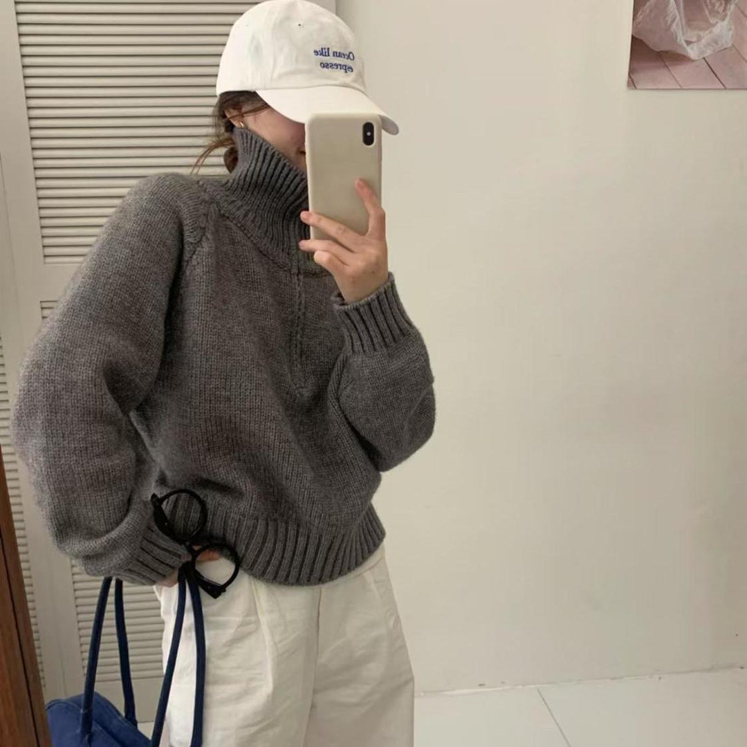 Damen Modischer Strickpullover mit hohem Kragen und Reißverschluss Drune