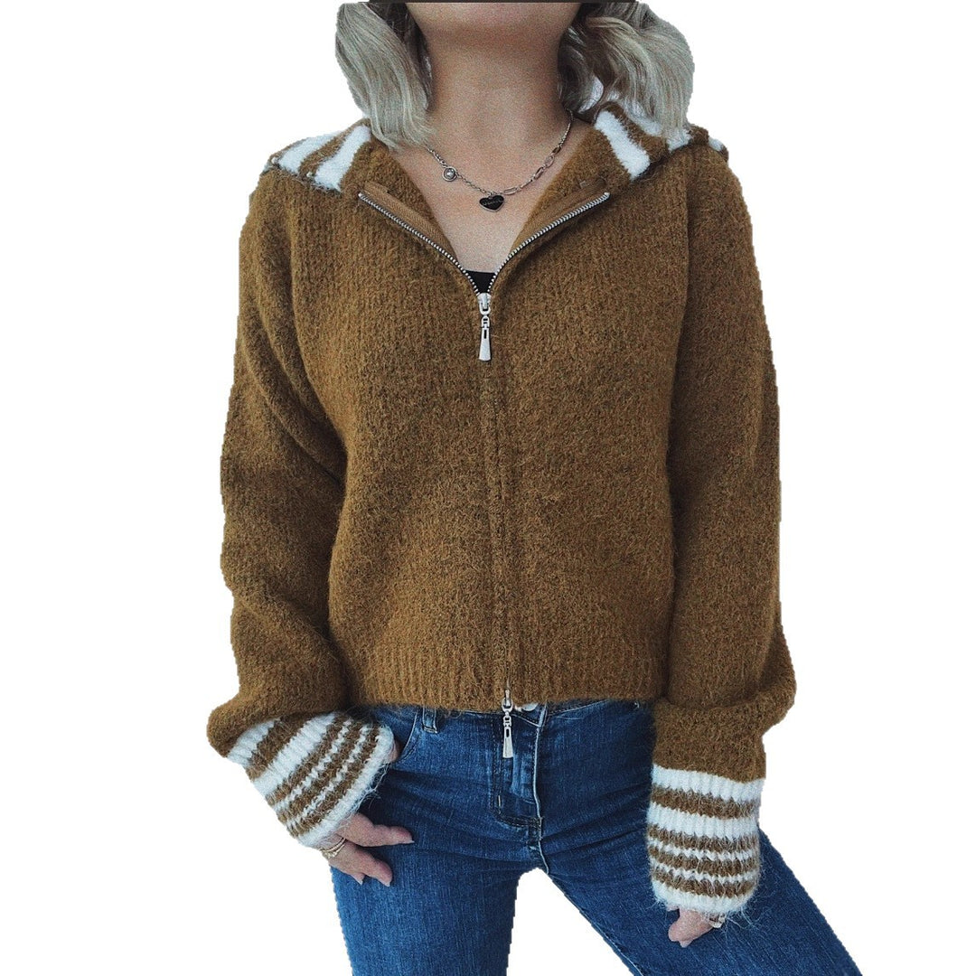 Damen kuschelige Strickjacke mit stilvollem Reißverschluss und modischen Streifen Drune