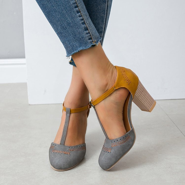 Damen T‑Strap Pumps mit mittelhohem Blockabsatz und dekorativer Ziernaht Drune