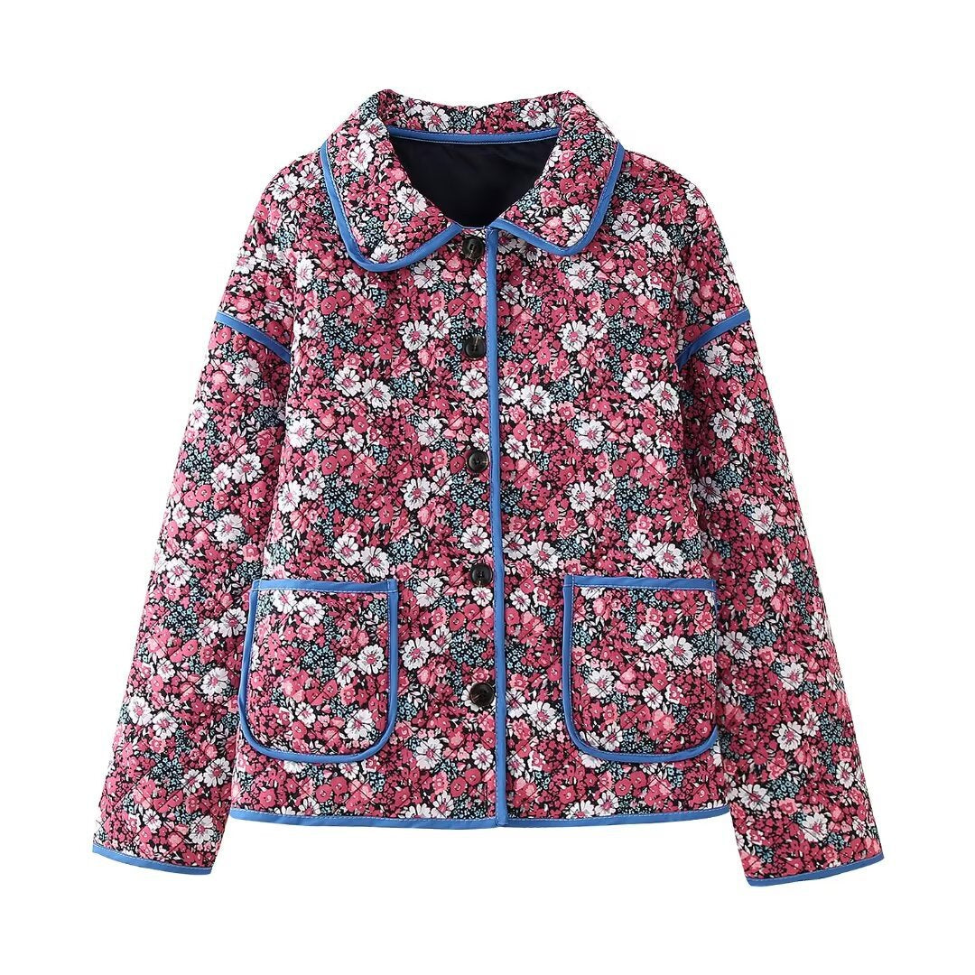 Damen nan gesteppte Kurzjacke mit floralem Microprint, Rundkragen, kontrastpaspel und aufgesetzten Taschen Drune