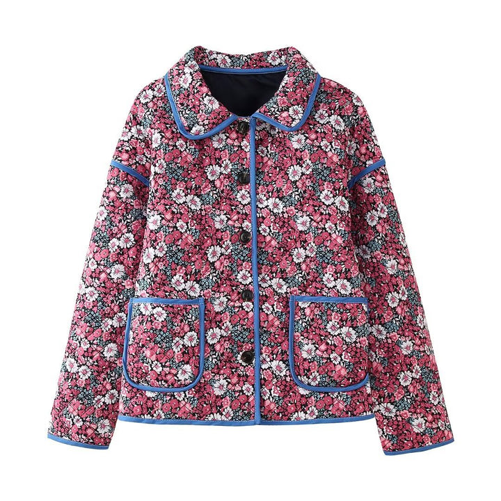 Damen nan gesteppte Kurzjacke mit floralem Microprint, Rundkragen, kontrastpaspel und aufgesetzten Taschen Drune