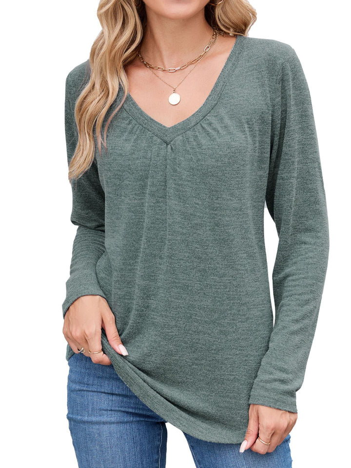 Damen Langarmshirt mit raffiniertem V-Ausschnitt und Falten Drune