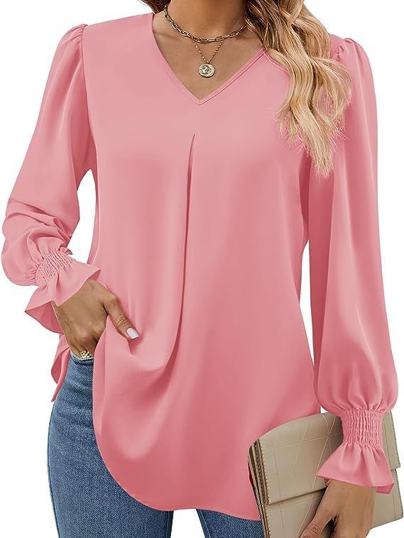 Damen elegante Bluse mit V-Ausschnitt und voluminösen Ärmeln Drune