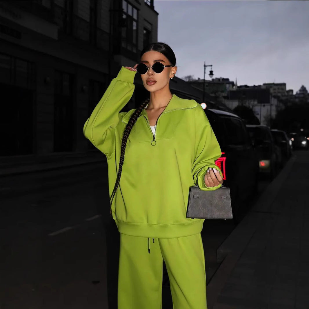 Damen lässiges Sweatset mit halbhohem Reißverschluss Kragen und weitem Jogger Drune