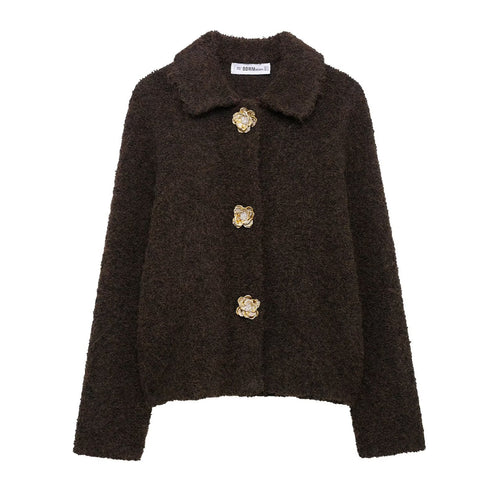 Damen Elegante Teddy-Jacke mit floralen Knopfdetails Drune