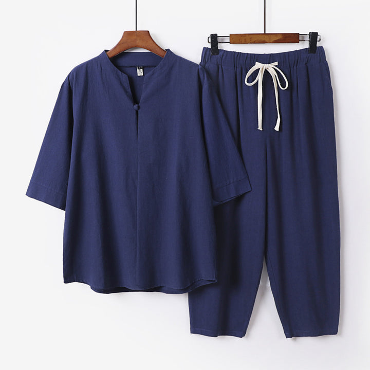 Damen Leichtes Leinen-Baumwoll-Loungewear-Set mit Stehkragen, Dreiviertelärmeln und Gummizugbundhose Drune