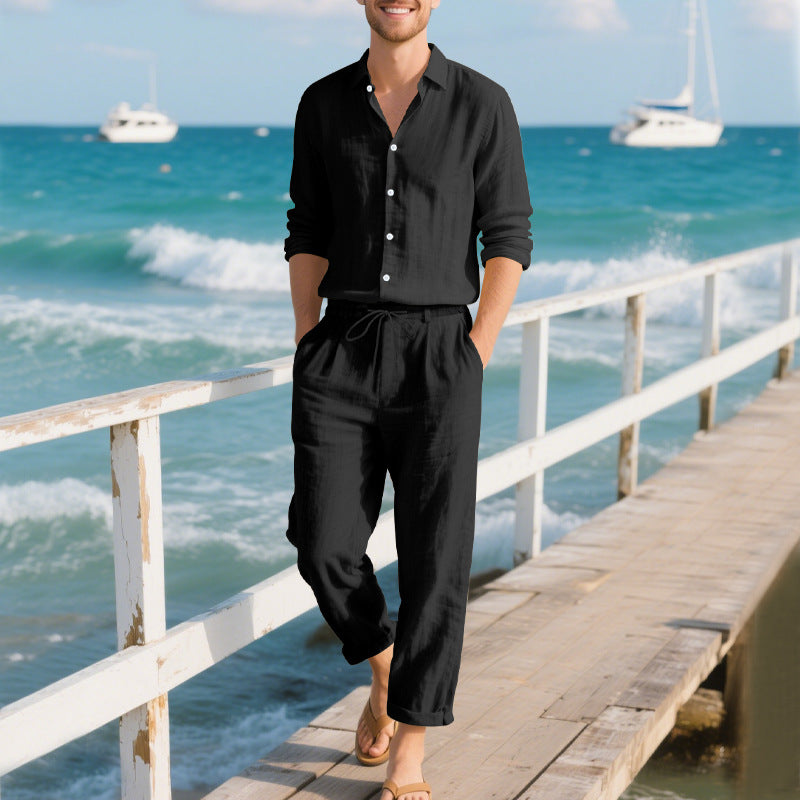 Herren entspannte Leinenhose mit verstellbarem Kordelzug und elastischem Bund Drune