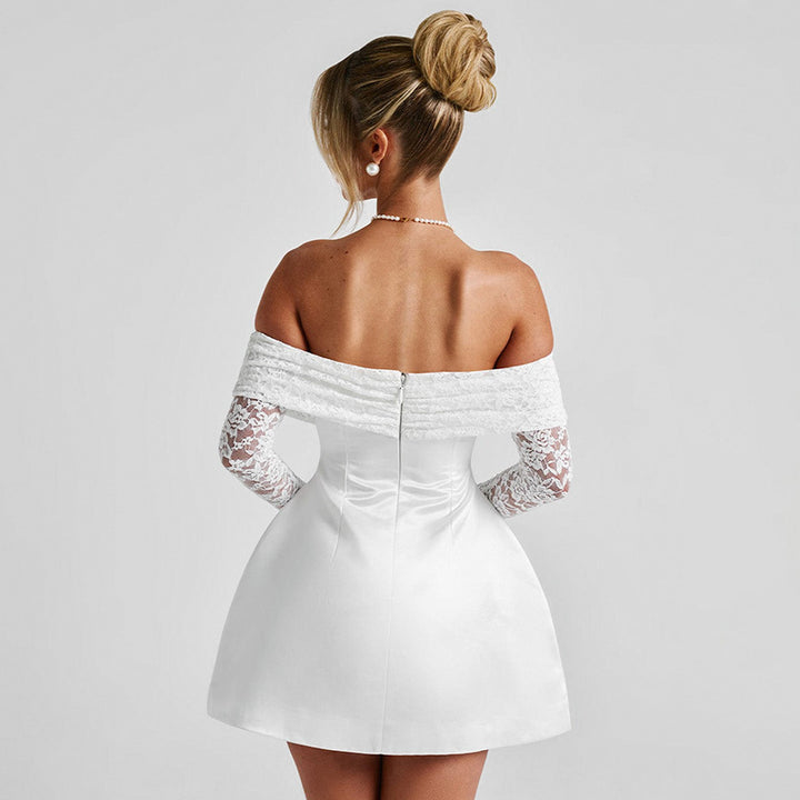 Damen verspieltes Minikleid mit schulterfreiem Design und eleganten Spitzenärmeln Drune