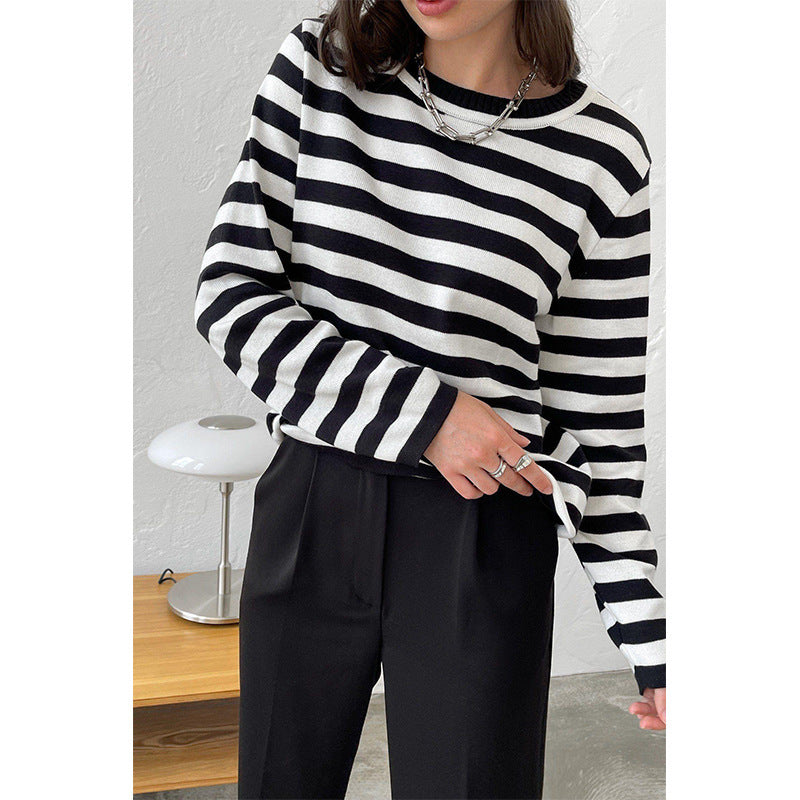 Damen lässiger Strickpullover mit gestreiftem Muster und weitem Schnitt Drune