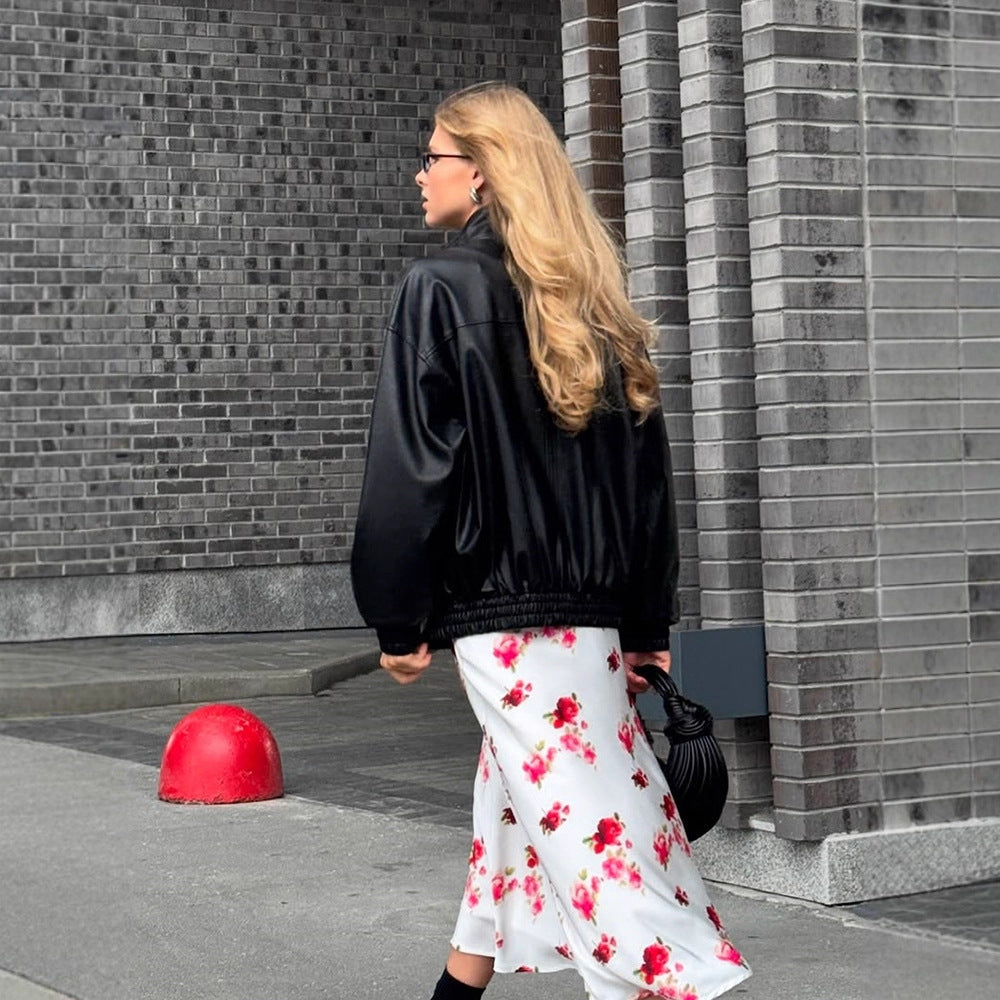 Damen Boxy-Lederimitat-Blouson mit Stehkragen und gerafften Bündchen Drune