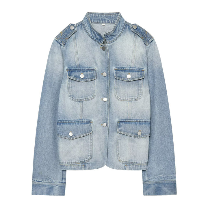 Damen Jeans-Kurzjacke im Utility-Stil mit Schulterklappen Drune