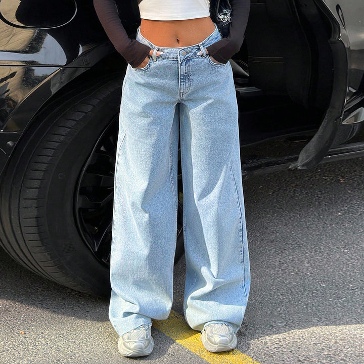 Damen High‑Waist Oversize-Jeans mit weitem Bein und seitlichen Keilschlitzen Drune