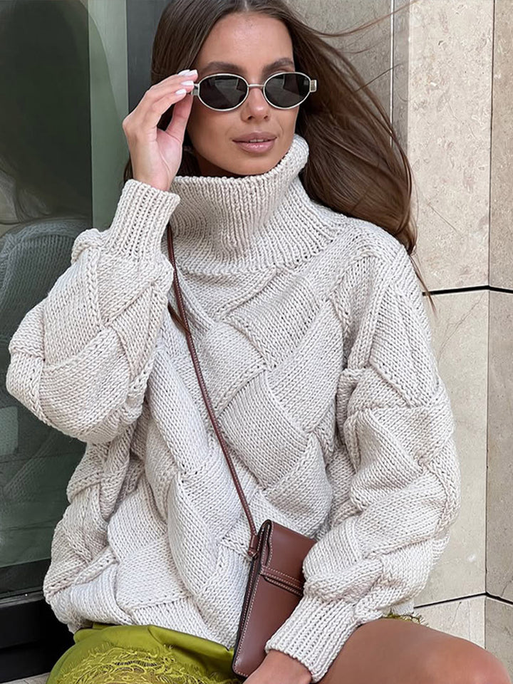 Damen Oversize Strickpullover mit Rollkragen, Zopfmuster und voluminösen Ballonärmeln Drune