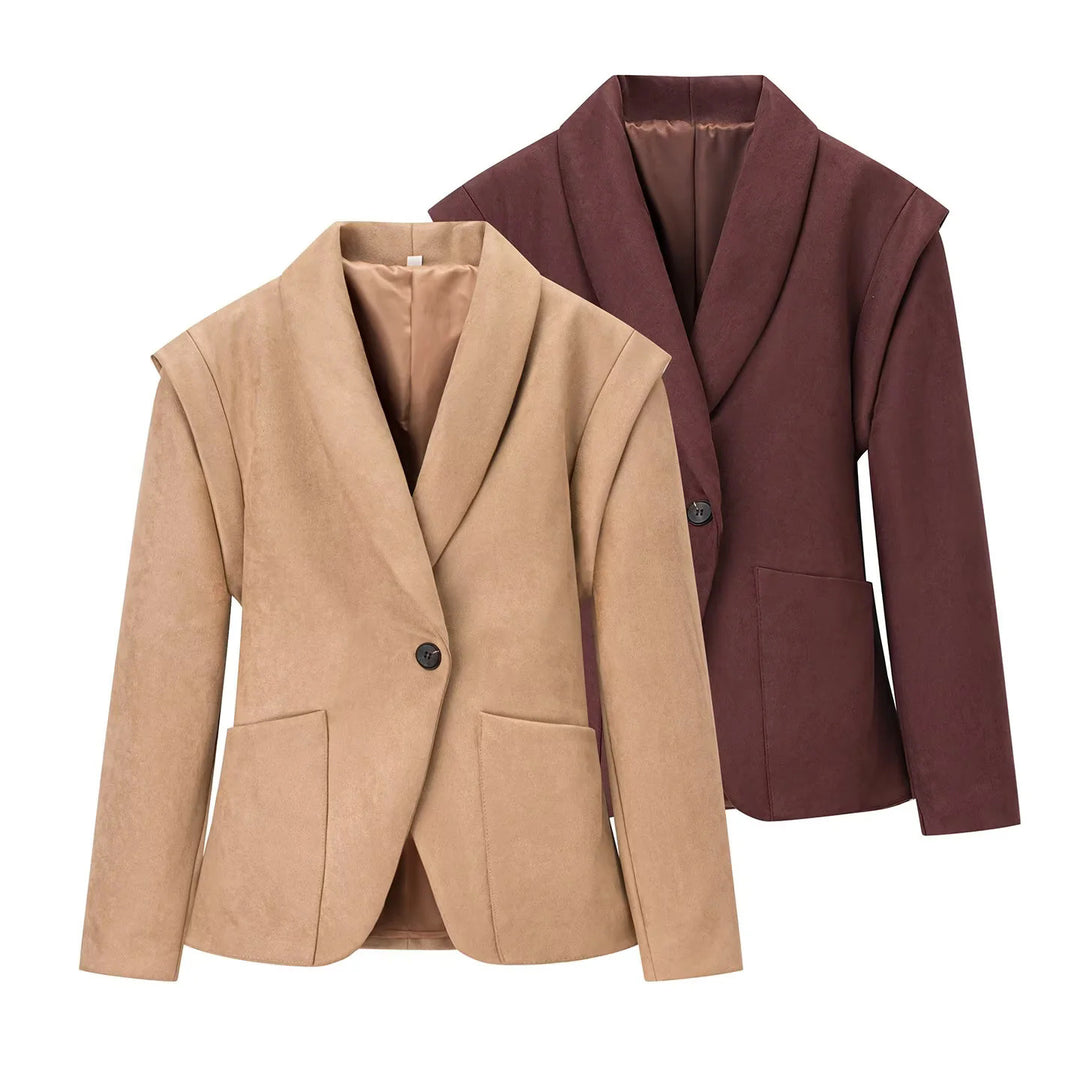 Damen nan eleganter Velours‑Optik Blazer mit tiefem Schalkragen Ein‑Knopf‑Verschluss und großen aufgesetzten Taschen Drune
