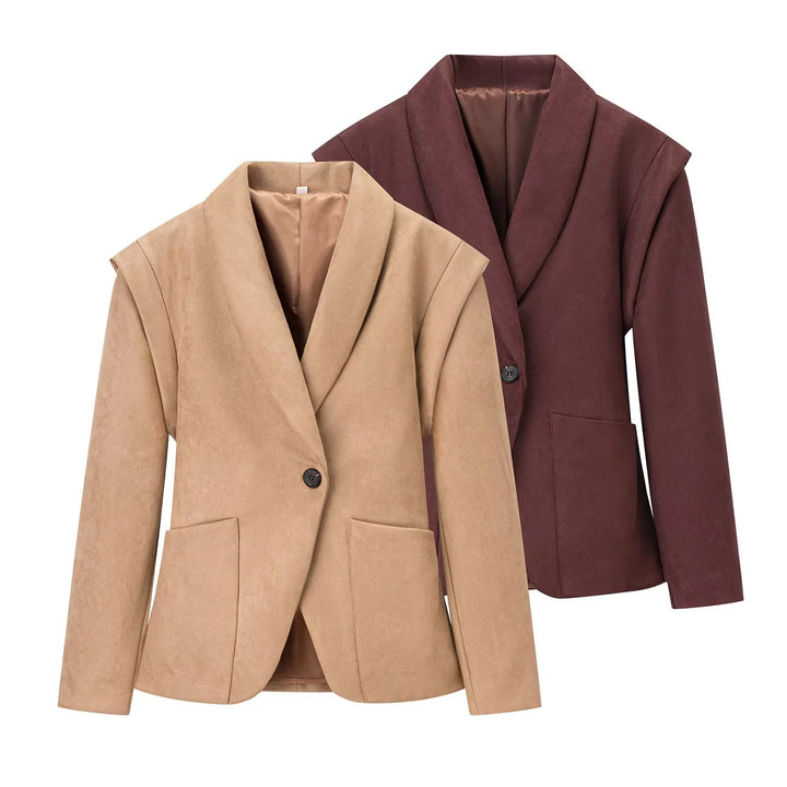 Damen nan eleganter Velours‑Optik Blazer mit tiefem Schalkragen Ein‑Knopf‑Verschluss und großen aufgesetzten Taschen Drune