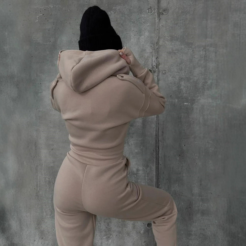 Damen Figurbetontes Kapuzen-Loungewear-Set mit tailliertem Zip-Hoodie und High-Waist Jogginghose Drune