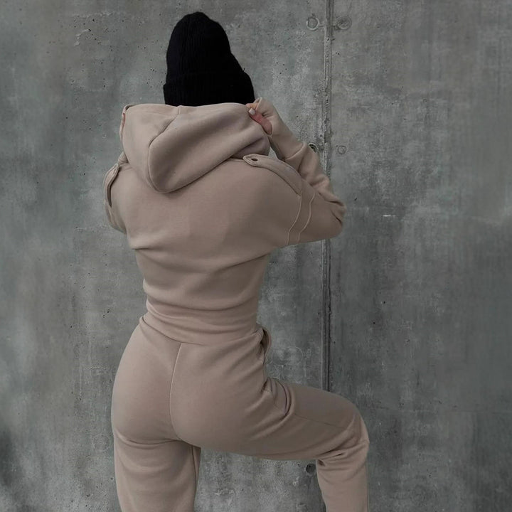 Damen Figurbetontes Kapuzen-Loungewear-Set mit tailliertem Zip-Hoodie und High-Waist Jogginghose Drune