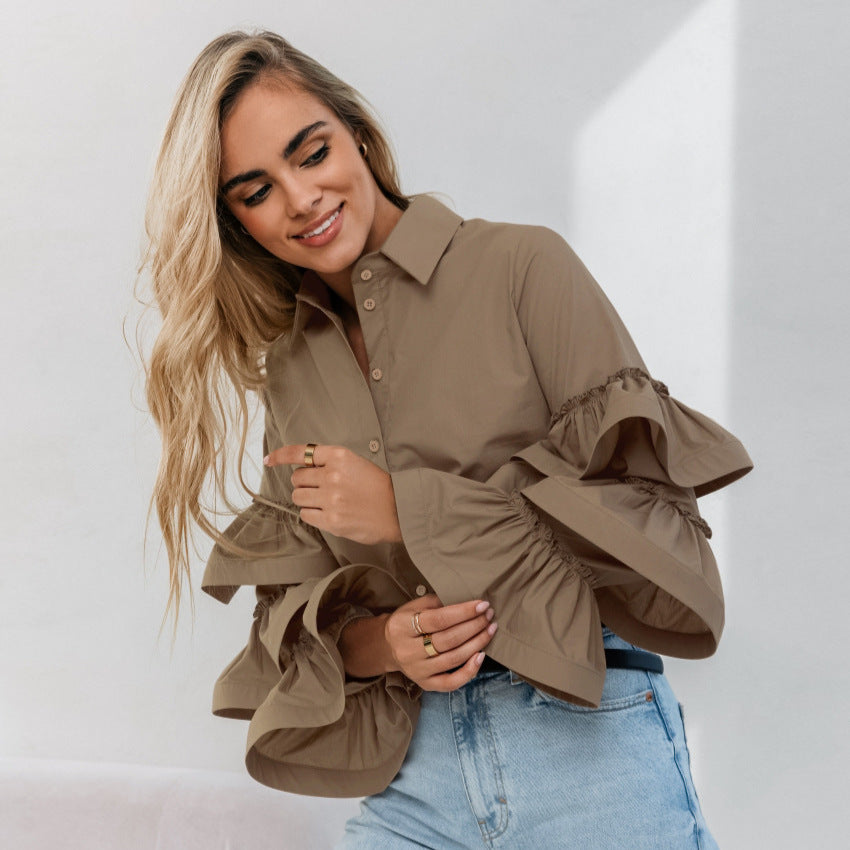 Damen Bluse mit voluminösen Rüschendetails und klassischem Kragen Drune