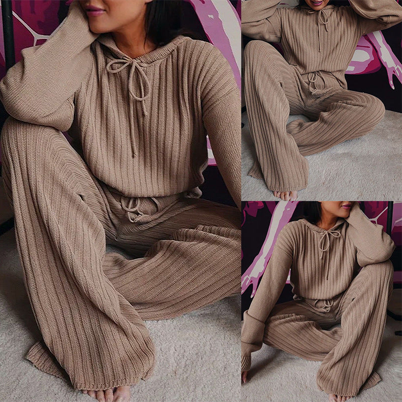 Damen Geripptes Strick-Loungewear-Set mit Kapuzenpullover und weiter Kordelzughose Drune