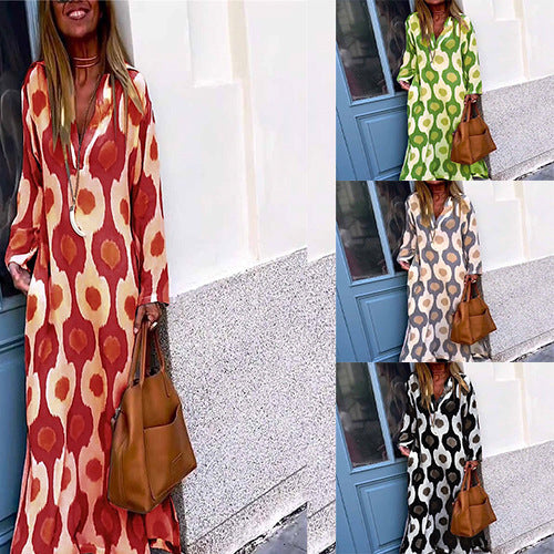 Damen Langes Boho-Maxikleid mit V-Ausschnitt, lockerem Schnitt und auffälligem Allover-Print Drune