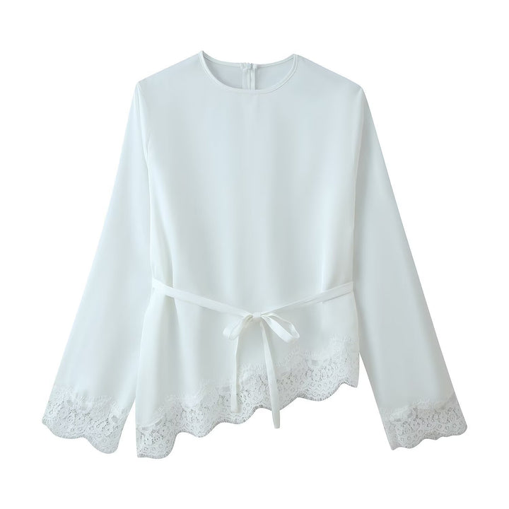 Damen 50+ elegante Chiffonbluse mit Spitzenbesatz und Taillenband Drune