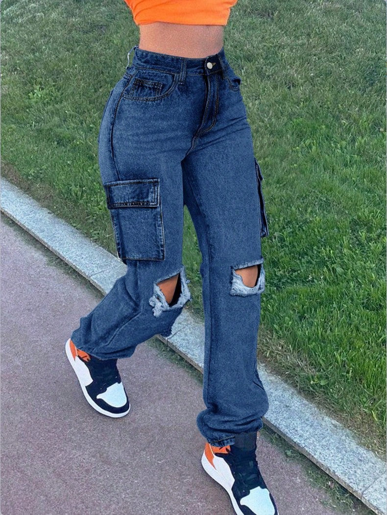 Damen High-Waist Cargo-Jeans mit geradem Bein, Knie-Rissen und seitlicher Klappentasche Drune
