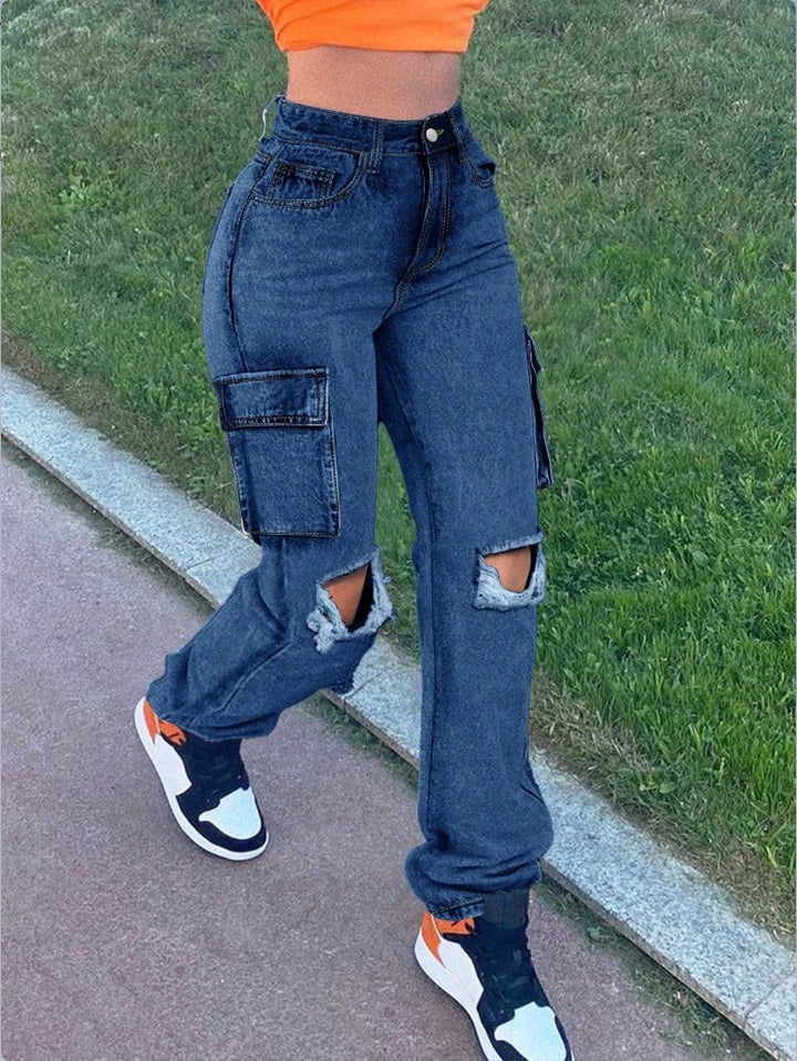 Damen High-Waist Cargo-Jeans mit geradem Bein, Knie-Rissen und seitlicher Klappentasche Drune