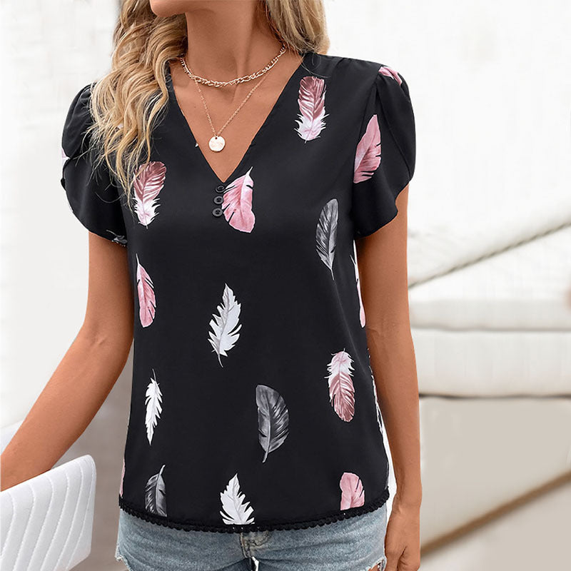 Damen Bluse mit romantischen Federmuster und Puffärmeln Drune