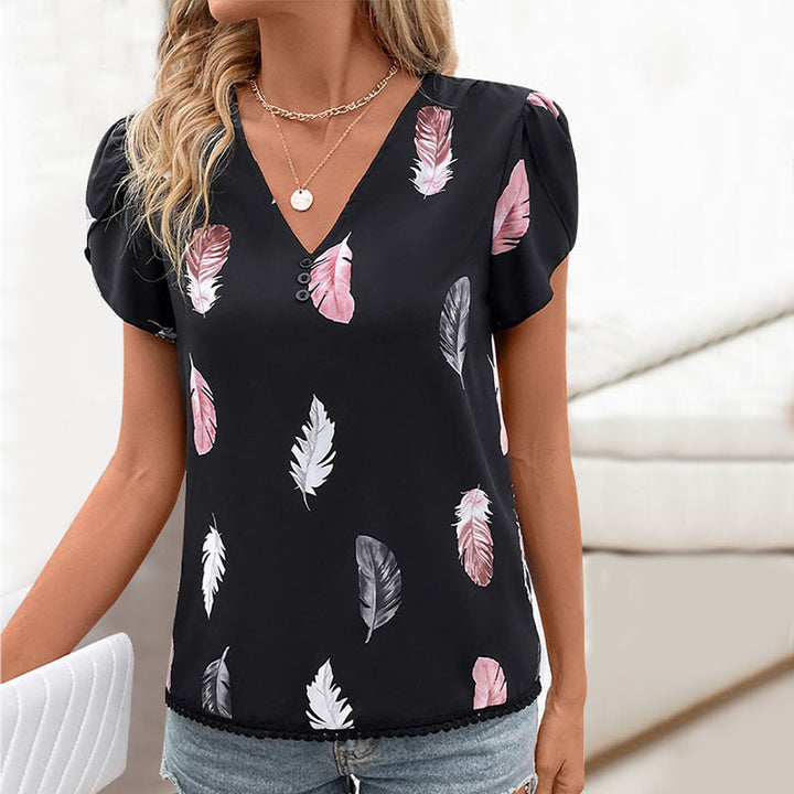 Damen Bluse mit romantischen Federmuster und Puffärmeln Drune