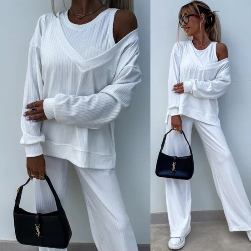 Damen lässiges Rippsweat-Lounge-Set mit Off-Shoulder-Sweatshirt und weit geschnittener High-Waist-Hose Drune