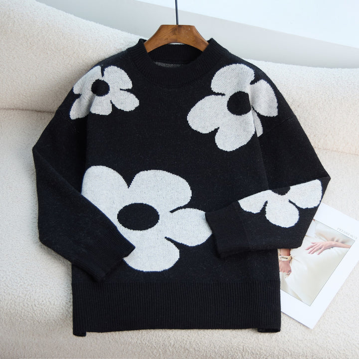 Damen Grobstrickpullover mit lebhaftem Blumenmuster und Rundhalsausschnitt Drune