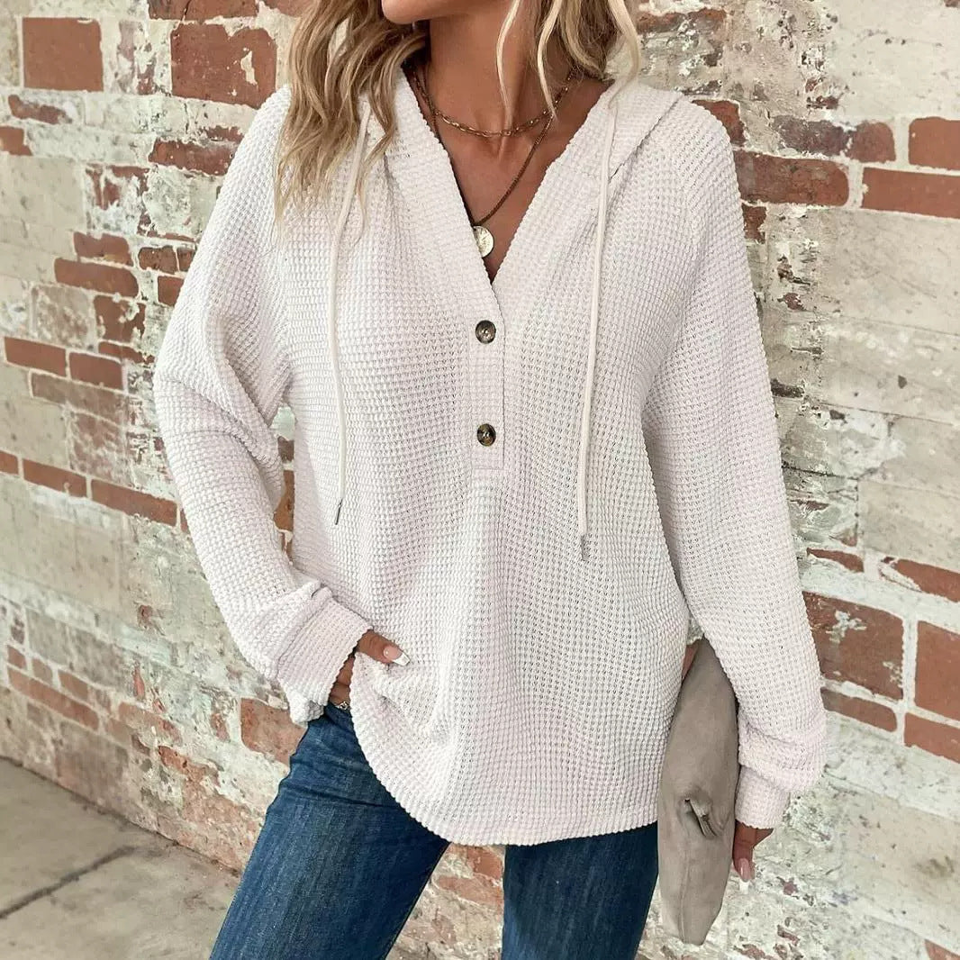 Damen gemütlicher Strickpullover mit Kapuze und Knopfleiste Drune